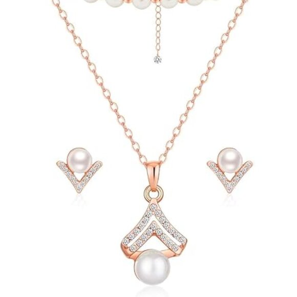 Women's 18k Gold/Rose Gold/Silver Plated & Pearl Necklace Earrings Bracelet Set - Picture 1 of 6